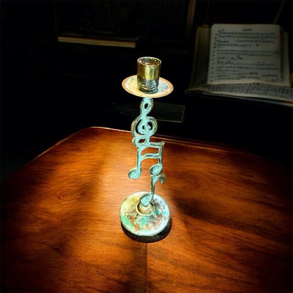 Vintage Brass Music Notes Candlestick Holder - Patina Finish -10 Inch’s -rare - Picture 3 of 6